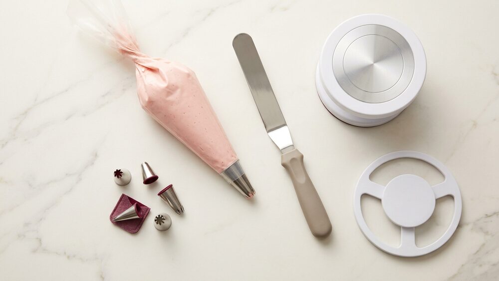 Cake decorating tools flat lay