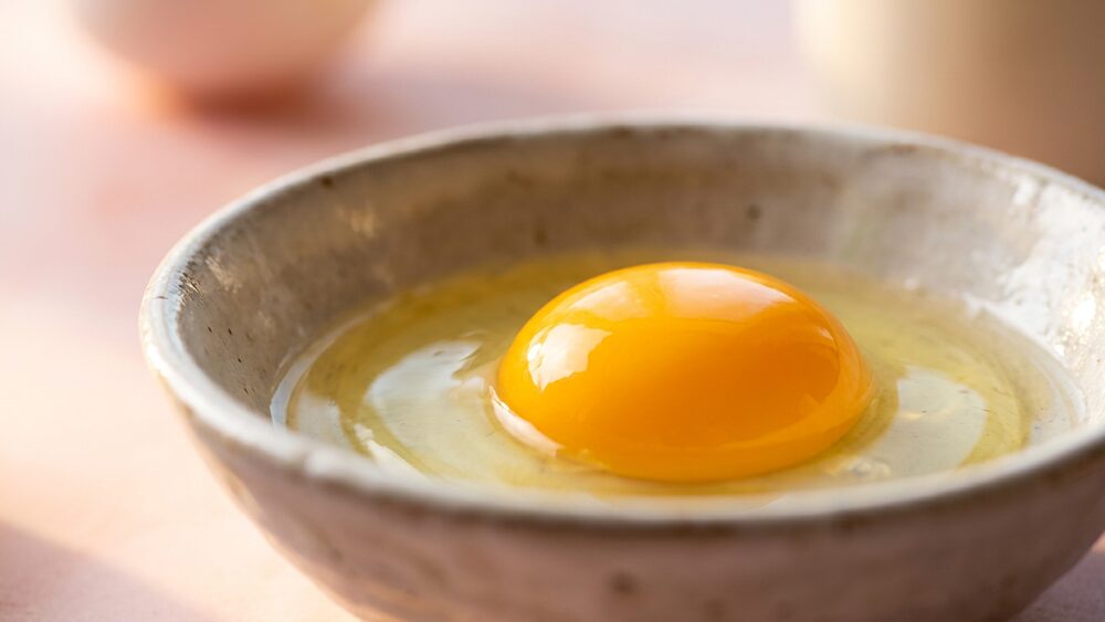 Cracked egg with glossy yolk