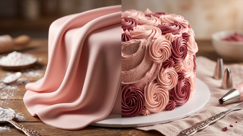 Rolled pink fondant draped on a cake